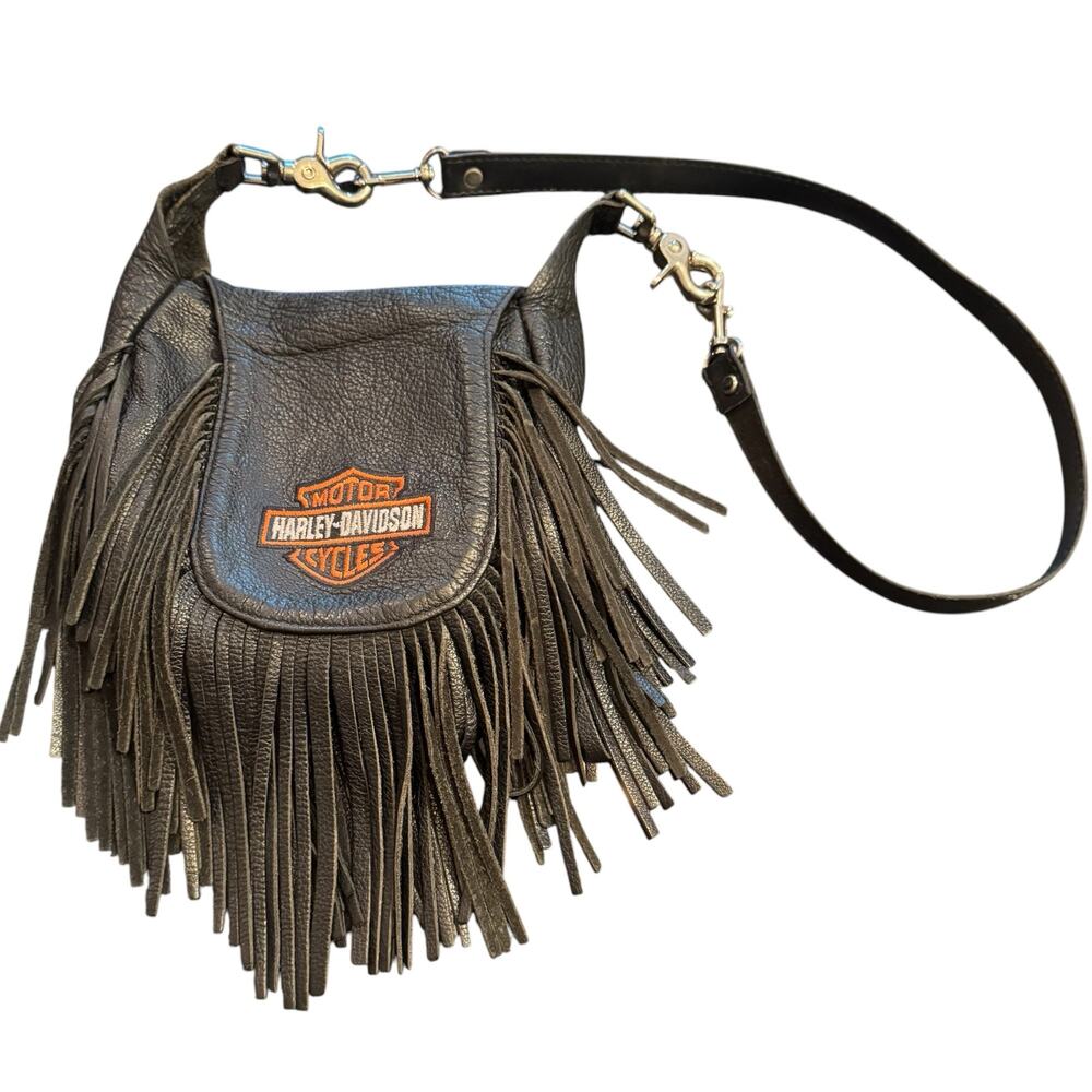 Harley Davidson Black Leather Fringe Belt Bag Pouch Purse Bar & Shield Vintage